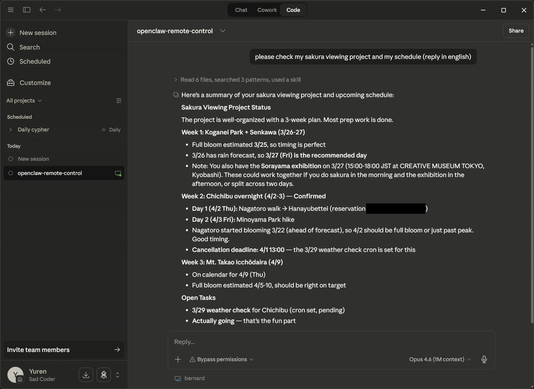 Claude Desktop App connected to an openclaw-remote-control session